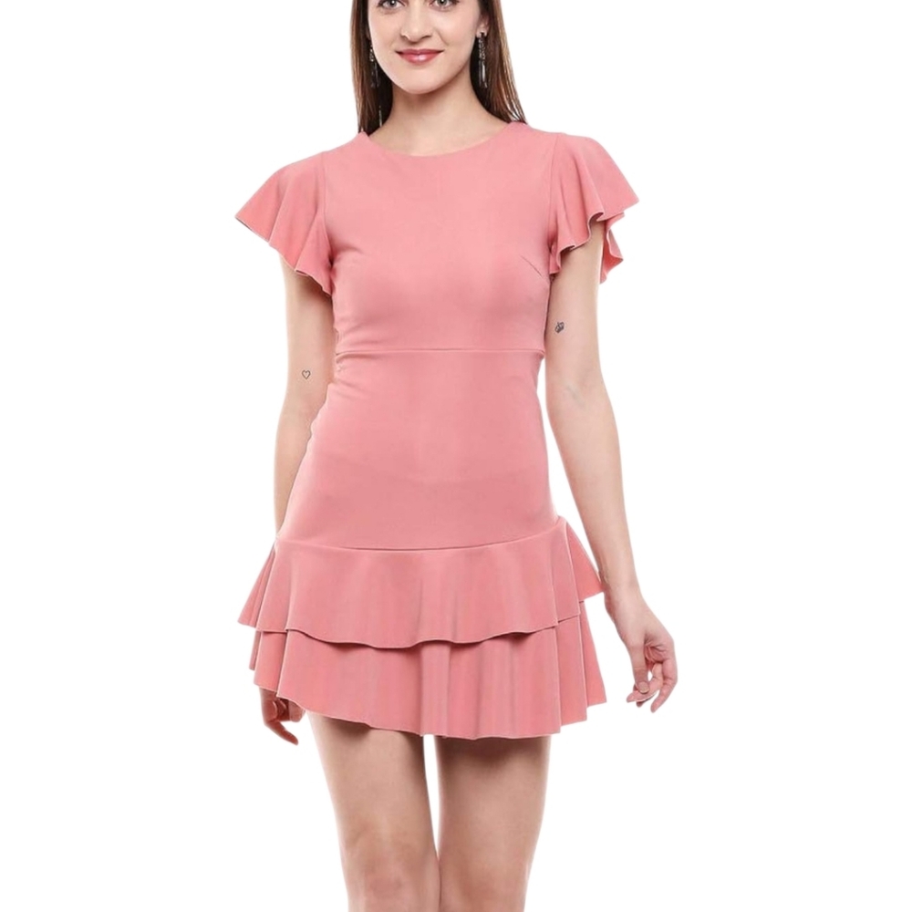 Favlux Dusty Rose Flutter Sleeve Mini Dress Asymmetric Ruffled Hem Lrg